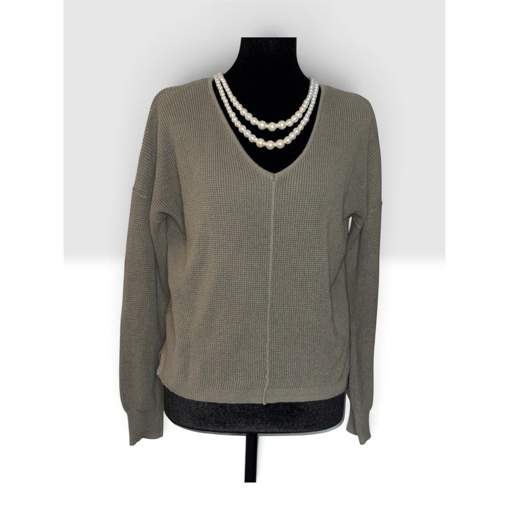 Hippie Rose Womens Olive Green Waffle Knit V-Neck Back Cutout Sweater Size M